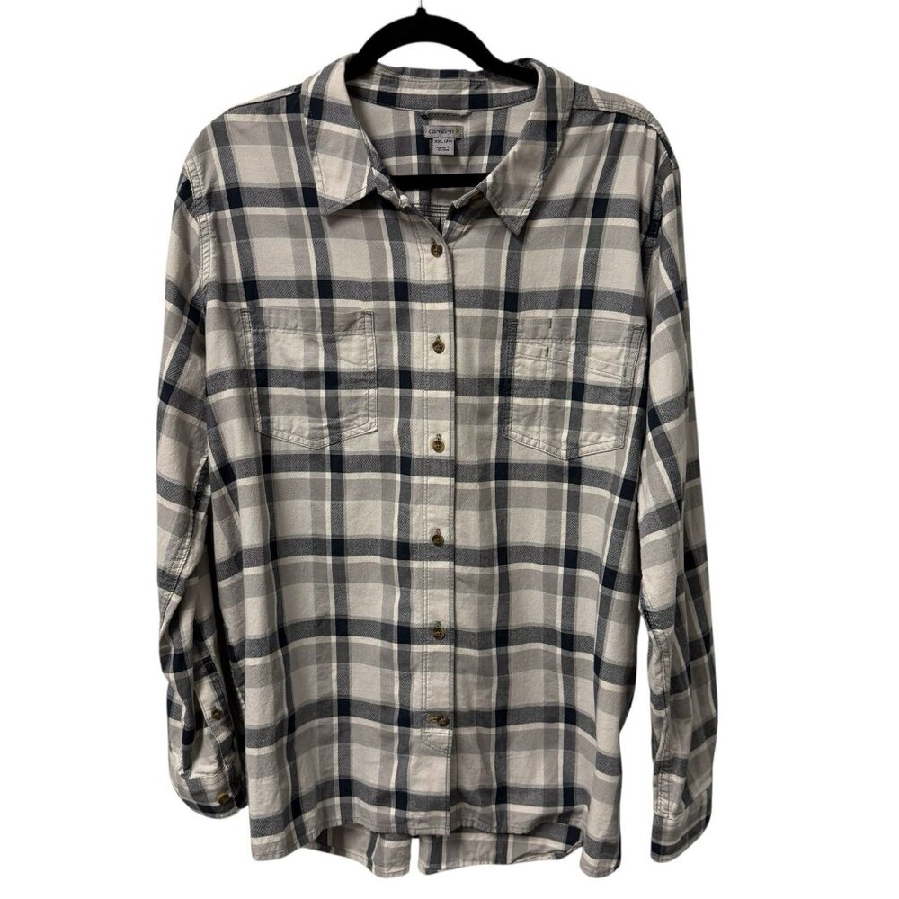 CARHARTT BUTTON UP SHIRT PLAID WOMENS XXL NAVY BLUE GRAY CASUAL POCKETS WORKWEAR